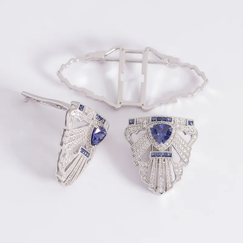 Фото Новая танзанитовая синяя винтажная брошь, шелковый шарф, пряжка, стерлинговое серебро S925, позолоченная, съемная двойная клипса №3