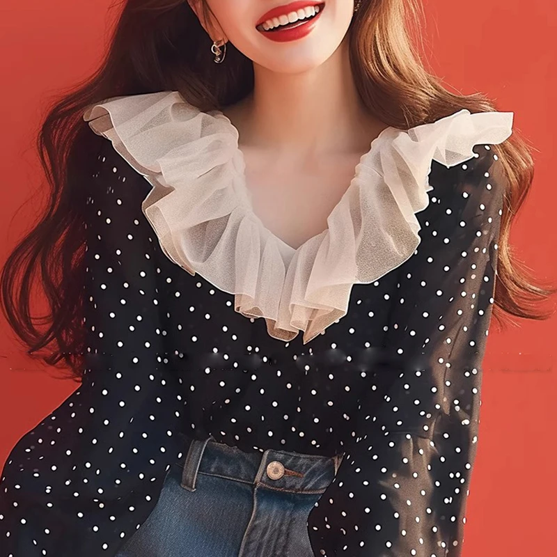 Шифоновые повседневные женские блузки весенне-осенние новые рубашки в горошек