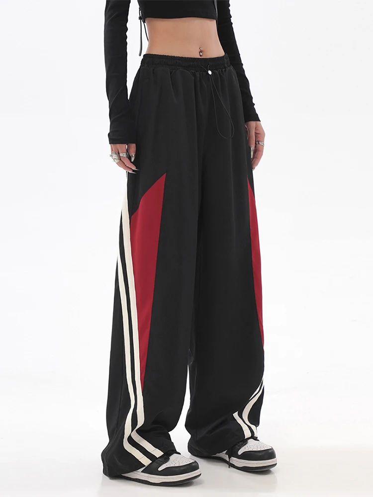 

Women High Waist Drawstring Loose Sweatpants Contrast Color Design Wide Leg Joggers Trousers Straight Mopping Pants Harajuku