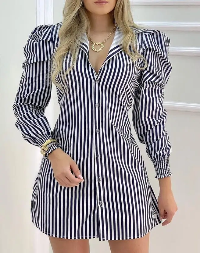 

Spring and summer 2022 new popular women's striped button design cuffed sleeve shirt dress
