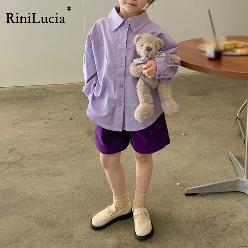 

RiniLucia Little Girls Blouse Shirts Long Sleeve Solid Shirt Spring Summer Long Sleeve Turn-down Collar Baby Toddler Tops