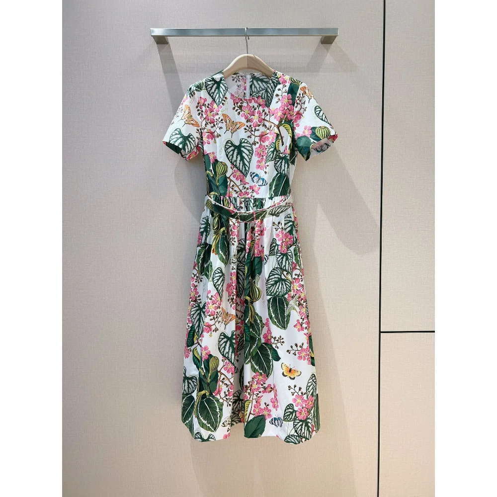 Spring Summer New 2023 Top Quality Floral Print Short Sleeve A-line Midi Dress for Holiday