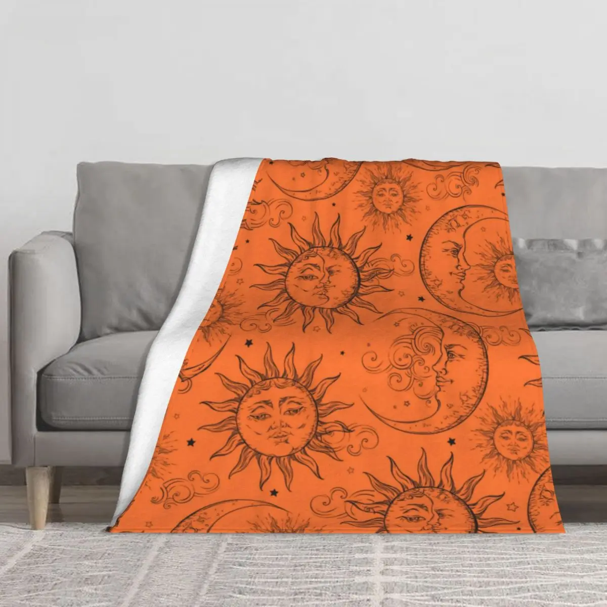 

Vintage Sun Moon Stars Blanket Orange Magic Celestial Cute For Bed Throw Blanket Outdoor Comfy Blankets