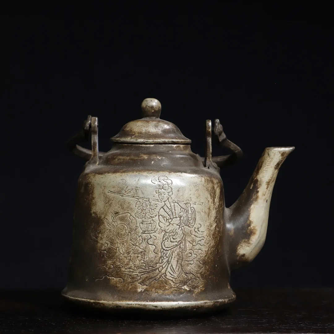 

6"Tibet Temple Collection Old Bronze Gilding Silver Lan Caihe Maid pattern kettle Teapot flagon Ornaments Town house