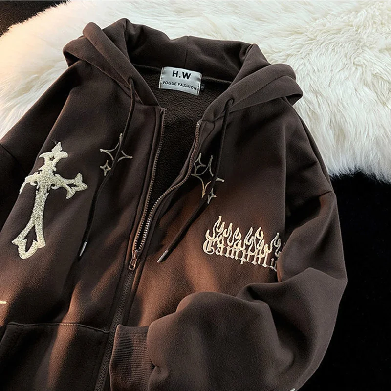 

Cross Letter Print Hoodie Women Fashion Zip Up Long Sleeve Oversized Jacket Coat Harajuku Gothic Hooded Sweatshirt Y2K Clothes