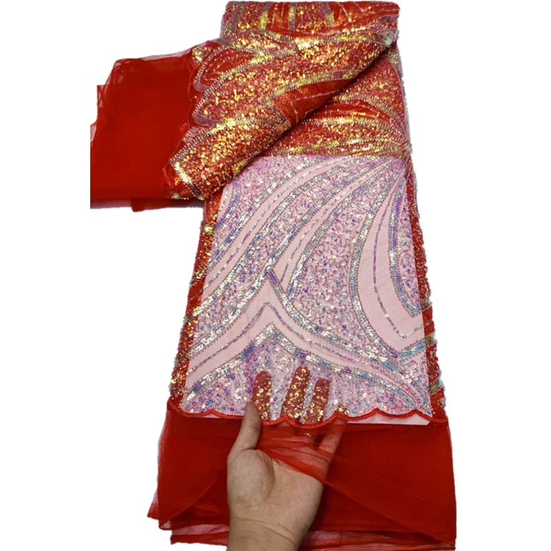 

2022 High Quality Nigerian Lace Fabric Embroidered French African Sequins Lace Fabric Weaving Design Red Beads Lace Fabric