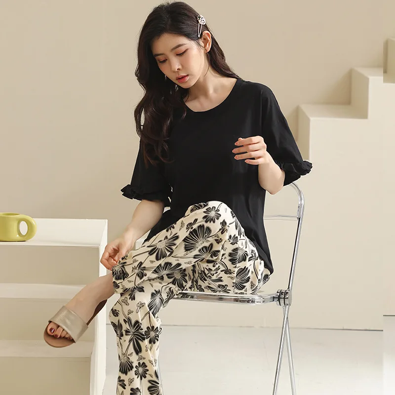 Yasuk Summer New Fashion Women's Casual Cotton Pullover Lovely Sleepwear Pajamas With Shorts Pants Flower Ruffle Sleeve Soft