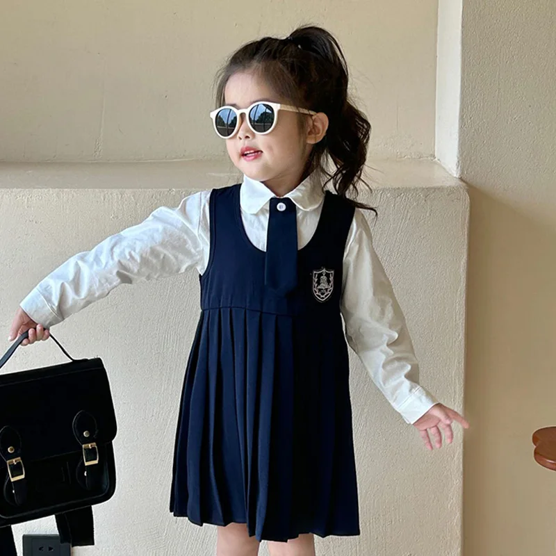 

Preppy Style Dress for Girls School Clothing Set Korean Baby Shirt Dresses Fall Kids Clothes Children Long Sleeve Dress 2023 New