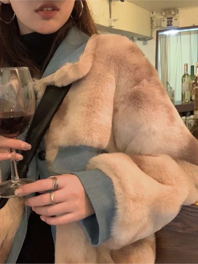 Women Faux Fur Plush Jacket Winter Hanbok Retro Contrast Color Lapel Faux Fur Cropped Coat