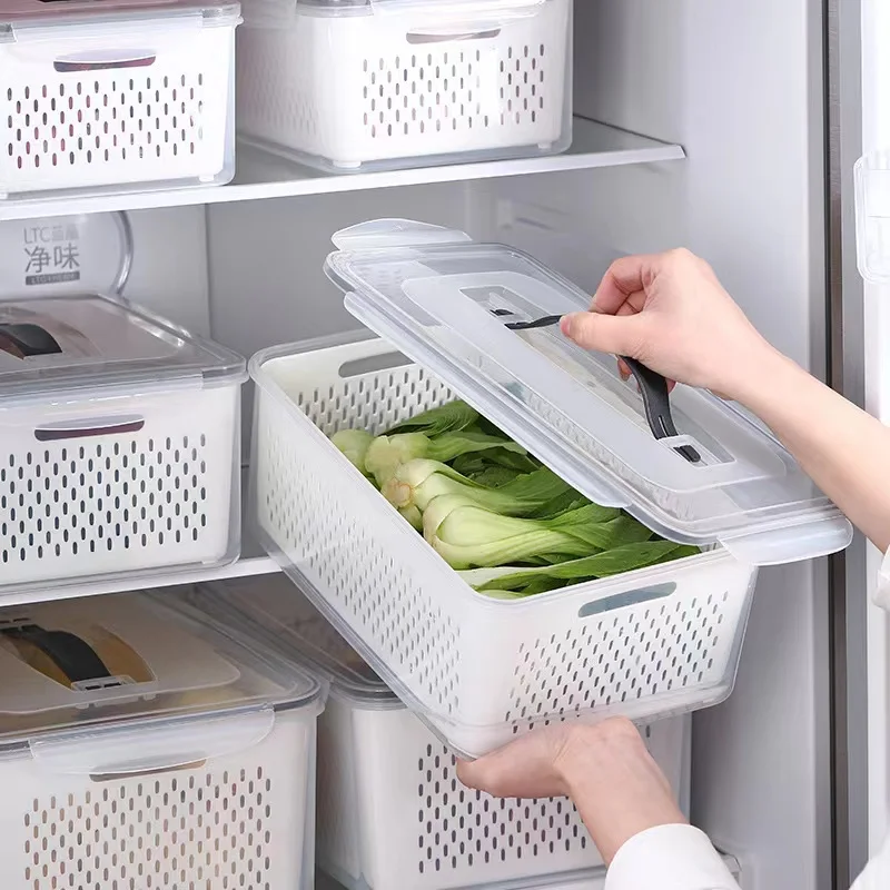

Fridge Organizer Refrigerator Storage Box Fresh Vegetable Fruit Boxes Drain Basket Storage Containers Pantry Kitchen Organizer