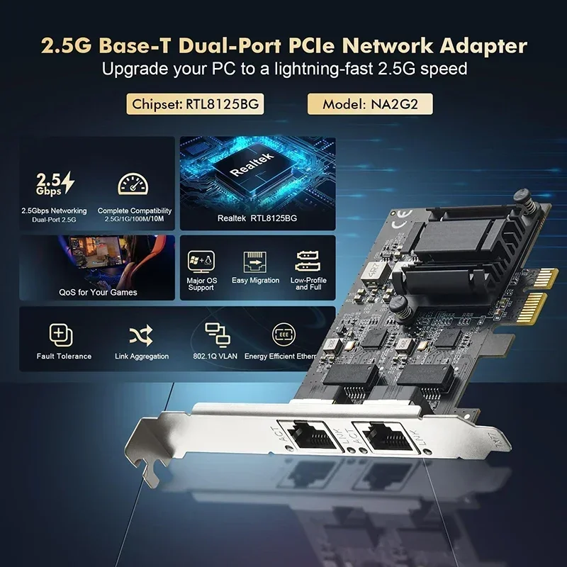 Двухпортовая серверная карта PCIe 2 5 Гбит/с 2-портовая сетевая Ethernet 10/100/1000M/2 5G RJ45 с