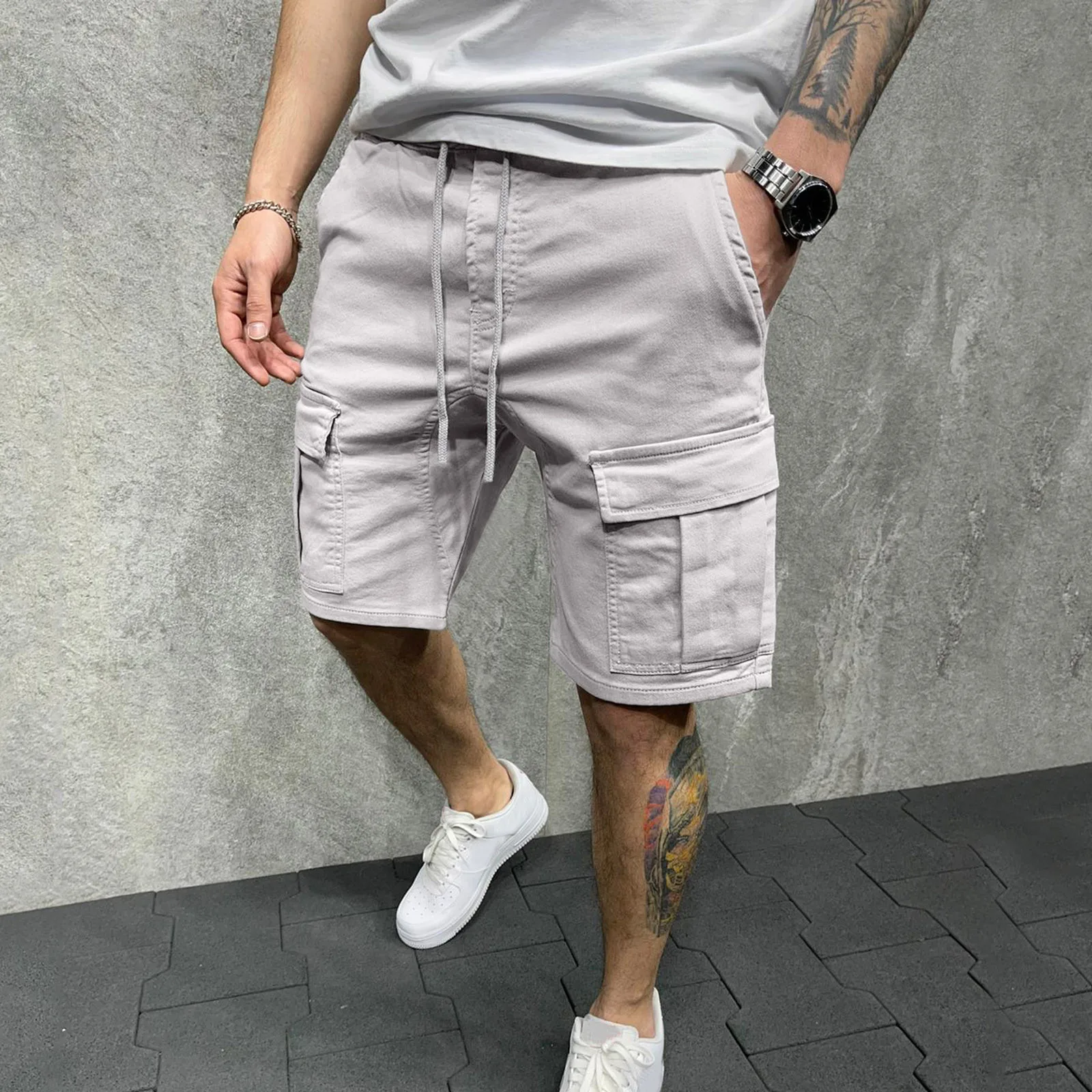 

Men's Summer Breeches Shorts Male Summer Casual Slim Solid Cargo Pant Drawstring Shorts Trousers Pant Pocket Casual Shorts