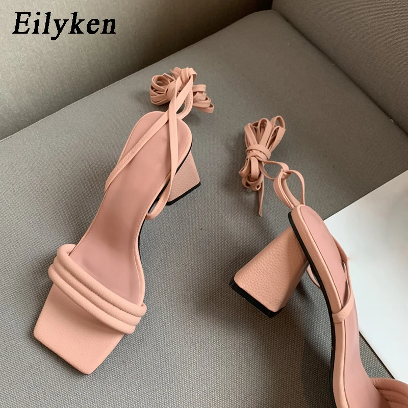 

Eilyken Summer New Women sandals Fashion Candy Color Ladies Square Med Heel Square Toe Dress Sandal Slides Shoes