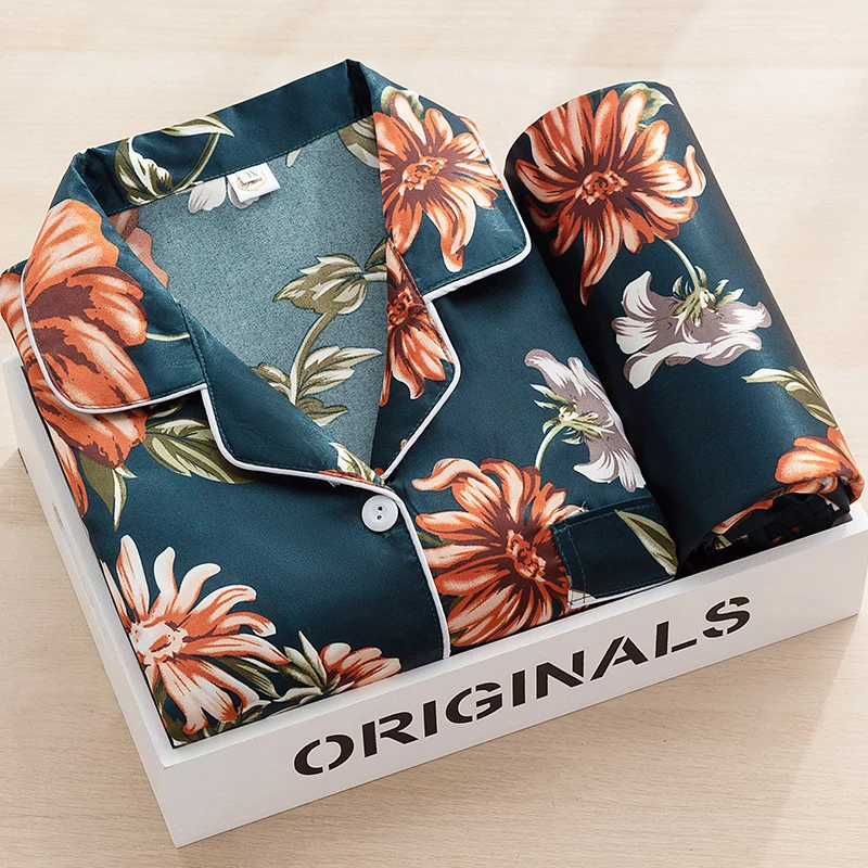 

Summer Women's pajamas set Crane Pattern Sleepwear Brown Color Long-sleeved Silk Like Nightie Luxury Home Clothes Nightwear Set