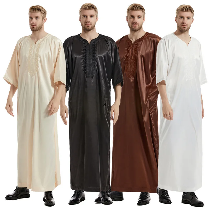 Abaya Islam Arabic Embroidery Jubba Thobe Kaftan Men Satin Solid Half Sleeve Robes Dubai Middle East Men Muslim Clothes Ramadan