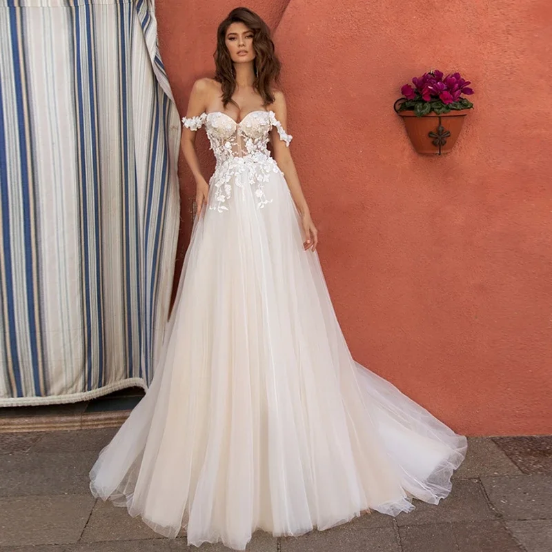 

Boho Tulle Civil Wedding Dresses Lace Appliques Backless Beach Bridal A-line Gowns Women Formal Bride Robe Vestido De Novia