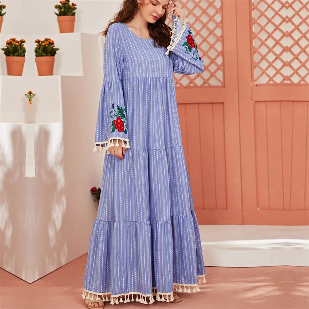 Мусульманское женское платье Рамадан модные синие вышитые макси платья с бахромой 2022 новые кафтановые Abayas марокканские платья Djellaba