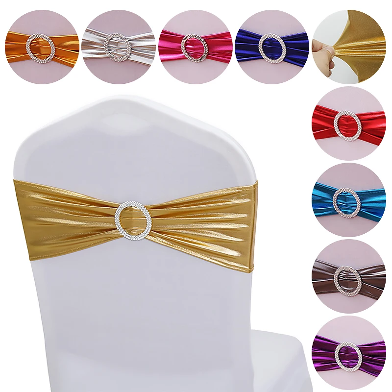 10pcs Metallic Gold Silver Spandex Chair Bow Sash Band & Round Buckle Wedding Chair Bow Tie For Hotel Banquet Decoration