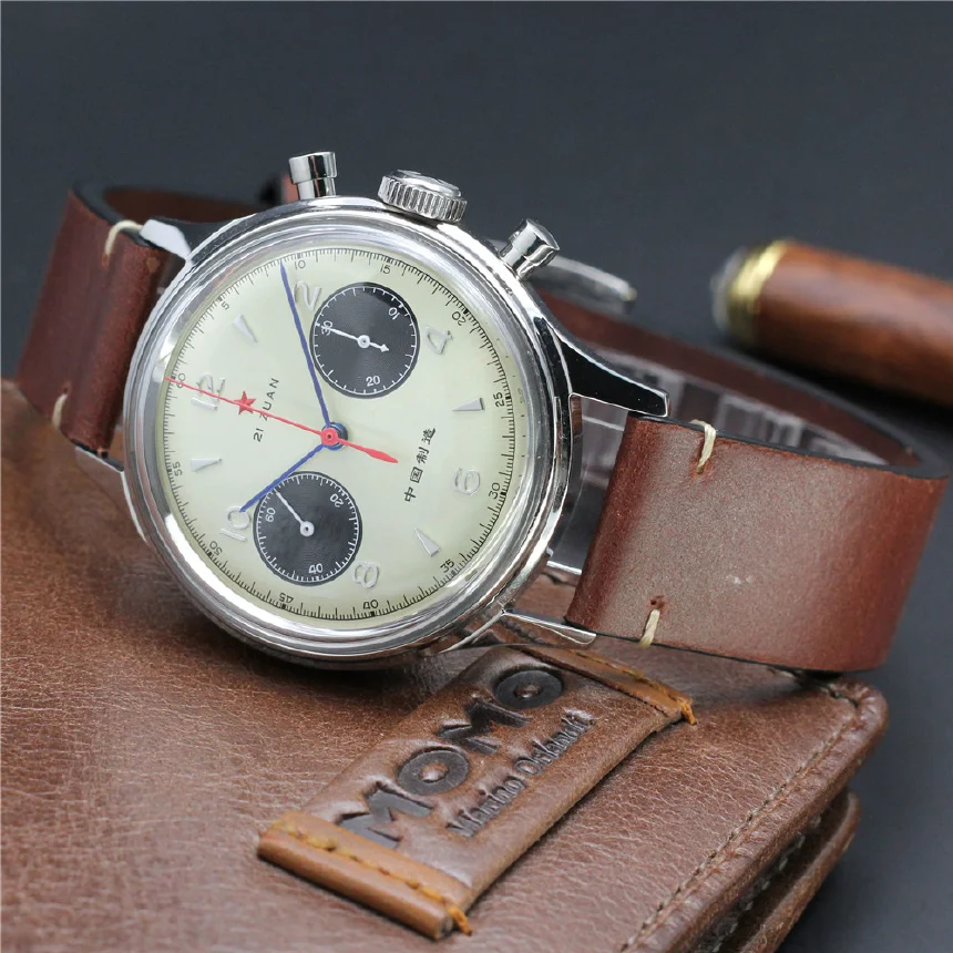 

1963 Men Acrylic Chronograph Watches Sapphire Men Military Mechanical Manual Winding Swan Neck Seagull Watch Pilot Leather Clock