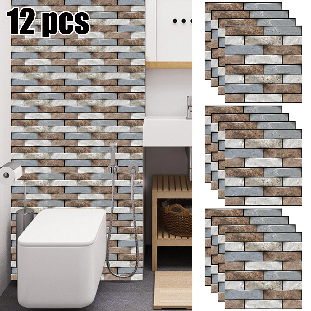 

12pcs 3D Wall Tile Stickers Kitchen Bathroom Self-adhesive Decor Waterproof 30x30cm Anti-collision Simulation Brick Stickers