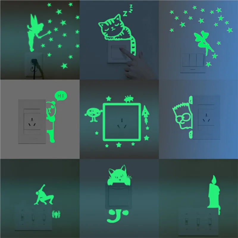 

Hot Selling Cartoon Switch Sticker Glow in the Dark Sticker Fluorescent Fairy Moon Stars Sticker Kid Room Decoration Home Decor