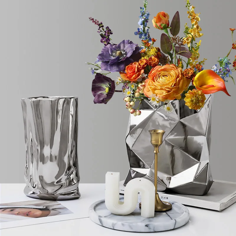 

Nordic Silver Mirror Vase Creative Ceramic Vase Flower Art Luxury Flower Arrangement Decoration Modern Home Decor Gift Ideas