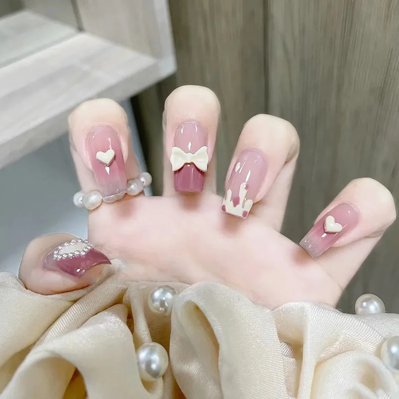 

Fake Nails Healthy And Safe Pregnant Women Available Gentle Blush Gradient Pink Girl Sweetheart Three-Dimensional Bow Love