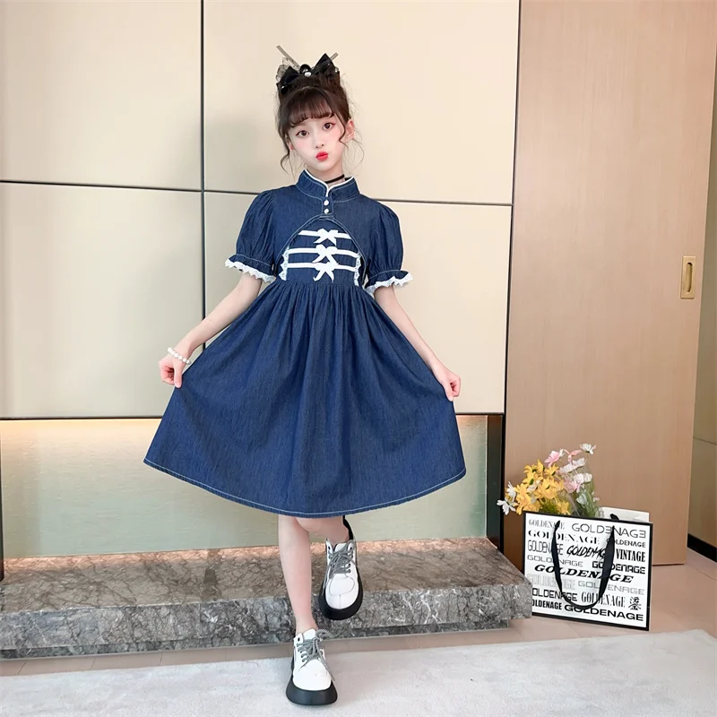 

Teen Girls Denim Dresses Summer Sleeveless Two-Piece Clothes Solid Color Dress Fashion Children's Costume