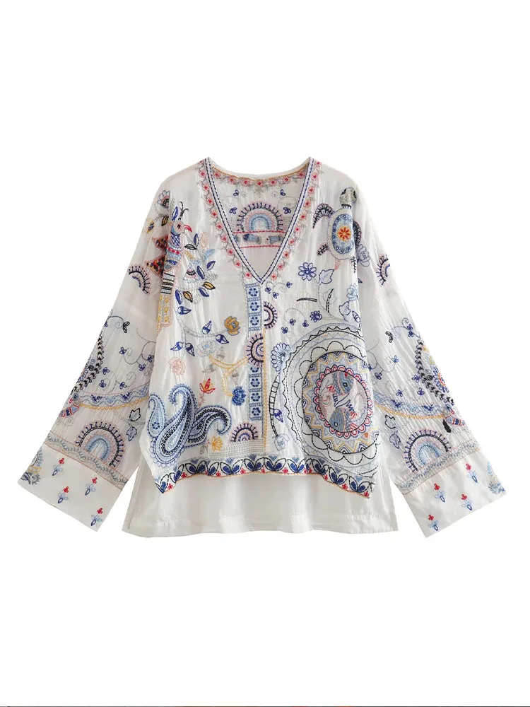 

PB&ZA 5107241 Women 2022 summer New Fashion White Side Split Long Sleeve V neck Embroidered Blouses Female Shirts Tops 5107/241