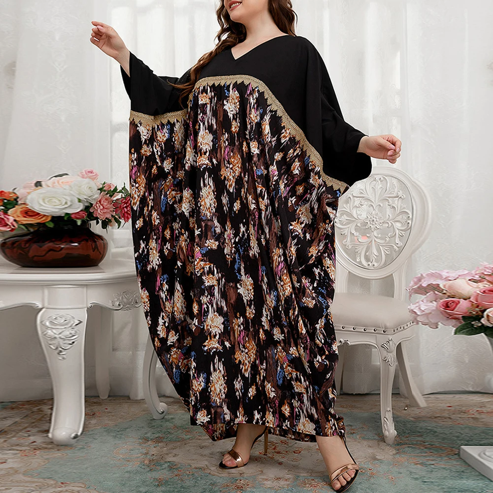 

Plus Size Women's Dresses Embroidered Dress Evening Party Dress Long Sleeve Loose Middle Eastern Floral Patchwork