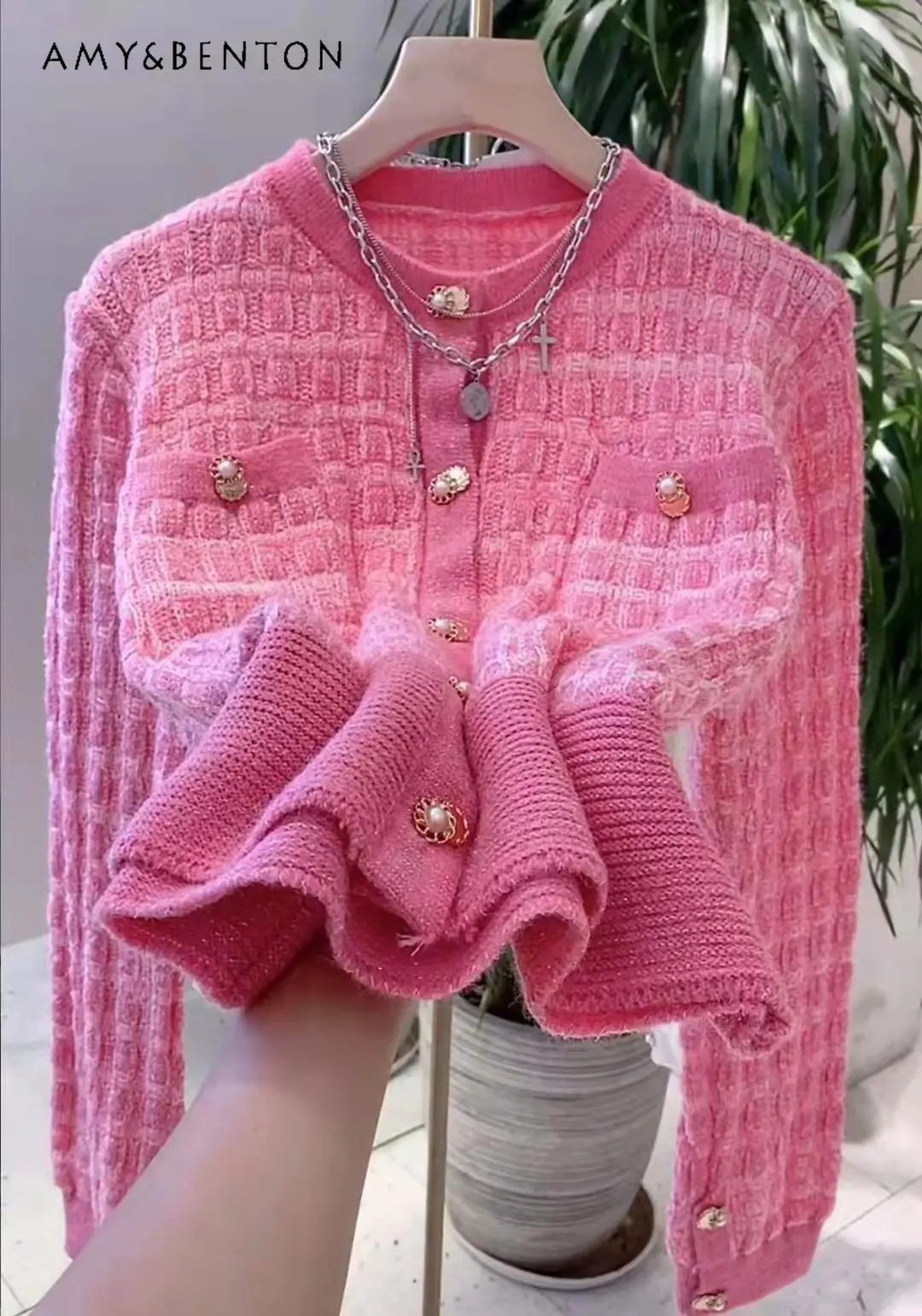 

Sweet Pink Knitted Cardigan for Women Autumn and Winter New Loose Western Style Plaid Crew Neck Cropped Sweater Coat