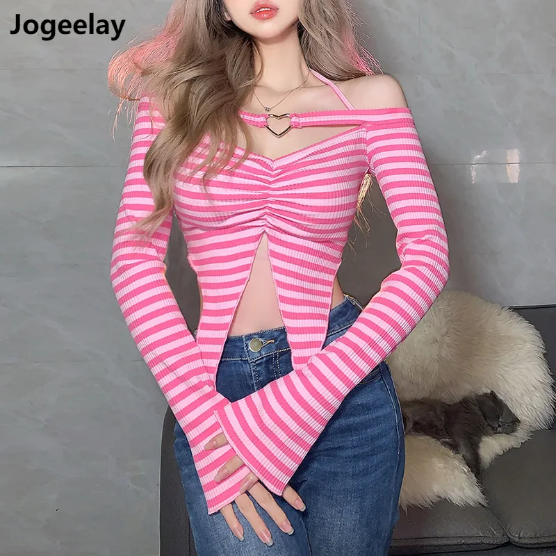 

2022 Spring Women's Sexy Slim Fit Cropped Navel Fashion One Shoulder Striped Long-sleeved Y2k T-shirt