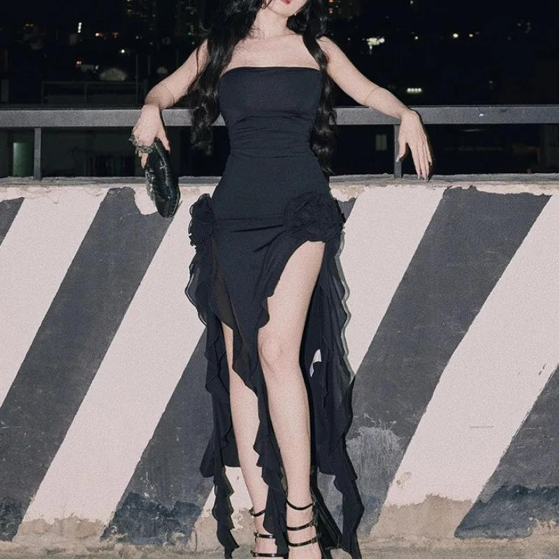 

Sexy Strapless Slit Midi Dress 2023 Summer Holiday Casual Pleated Black Solid Color Dresses Fashion Ribbon Ruffle Party Dress
