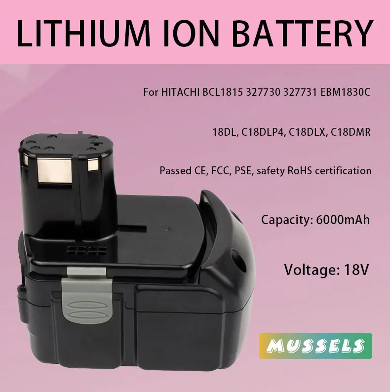 

18V 5.0Ah 6000mAh BCL1830 Li-Ion Replacement Rechargeable Battery for Hitachi BCL1815 327730 327731 EBM1830 Power Cordless Tools