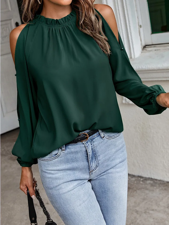 Autumn and Winter New Women's Lotus Leaf Round Neck Long-sleeved Pleated Off-the-shoulder Fashion Women's Tops