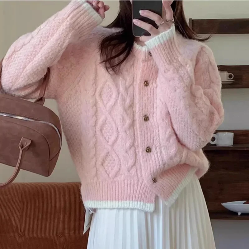 Утепленная зимняя одежда вязаный кардиган милая розовая короткая куртка