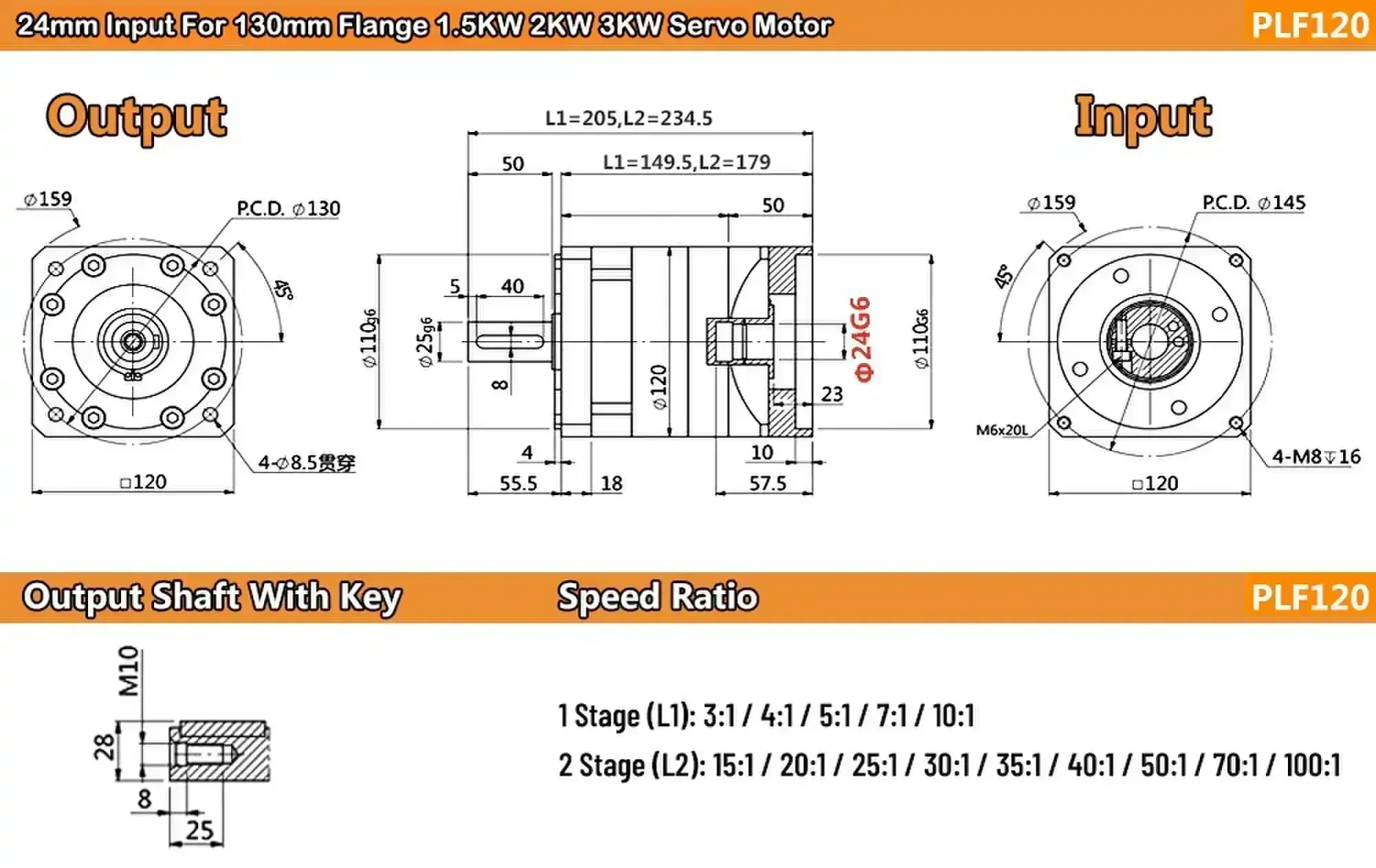 

YUNDUAN Planetary Gearbox Step-down Gearbox 100/110/130/180mm Motor Reducer for 3Phase Nema42 Nema52 Stepper 1/1.5/2/3KW Servo