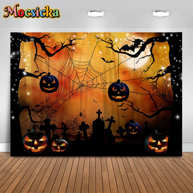 

Mocsicka Halloween Photography Backdrop Pumpkin Spider Web Forest Background Horror Nights Birthday Party Kids Photo Studio