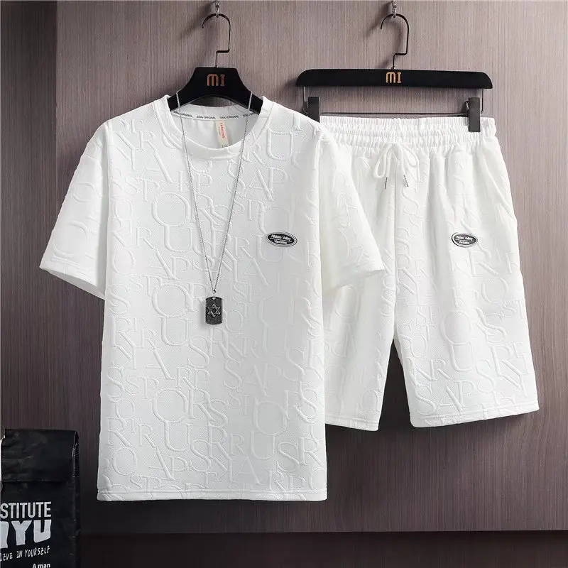 Summer Tshirt Shorts 2 Pieces Set White Tracksuit Men's 3D Letters Vintage Streetwear Creative Pattern Men Sets Short Outfits