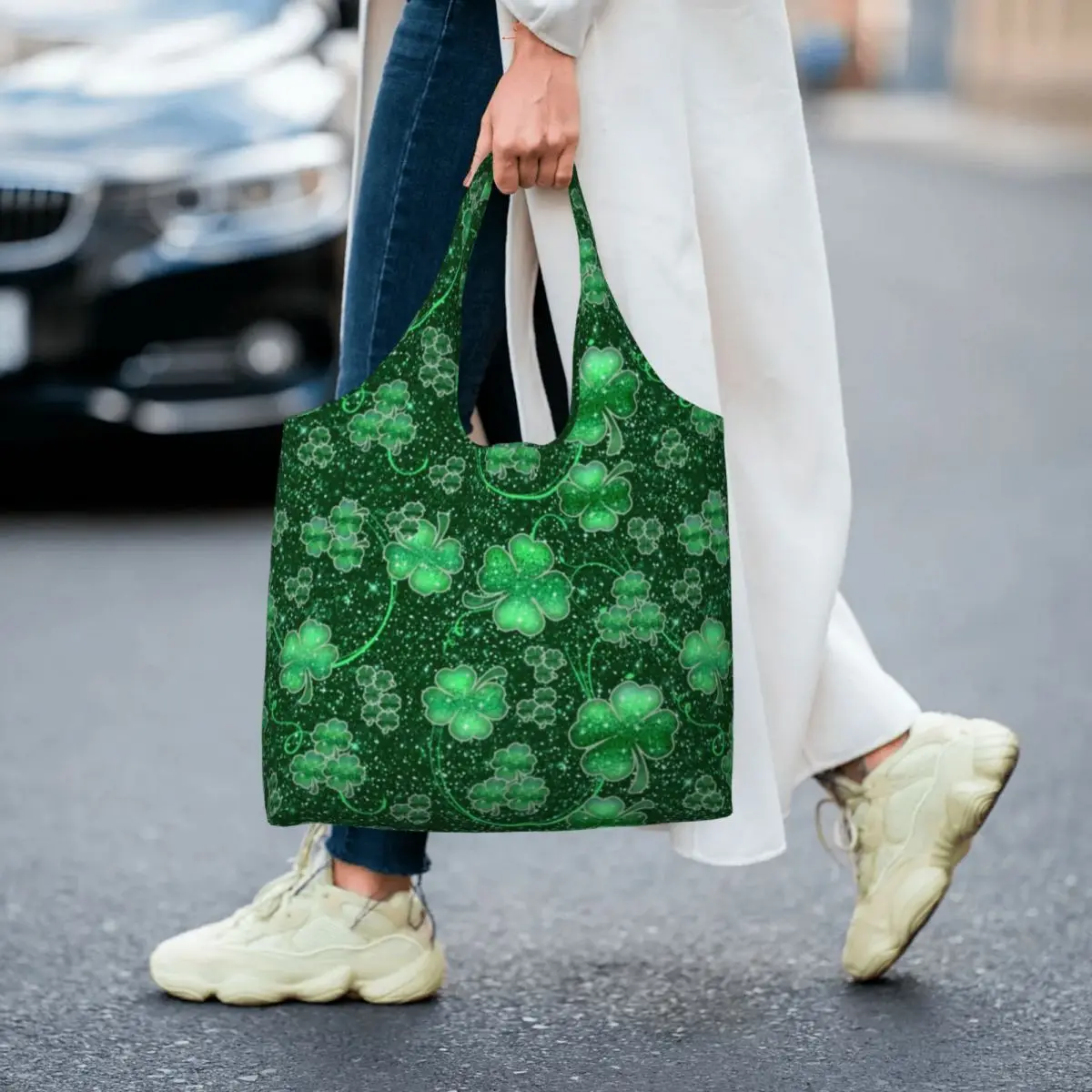 

Glittering Shamrock Shopping Bag Abstract Leaves Print Female Fashion Handbags Aesthetic Polyester Office Bags