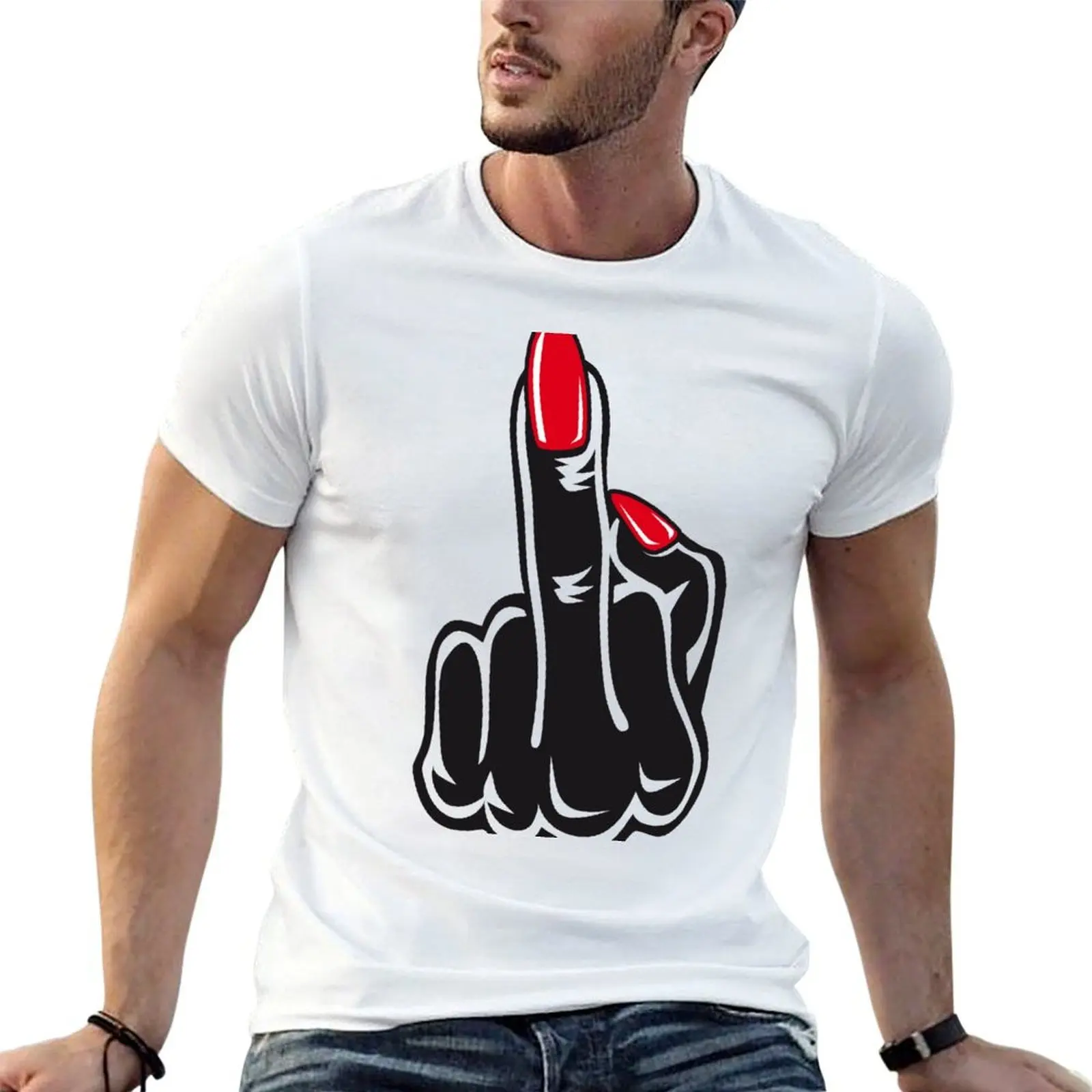 Фото Футболка с принтом «51 Middle finger Stinky fingers Red nails Me too icon», больших размеров, для активного отдыха, повседневная. №1