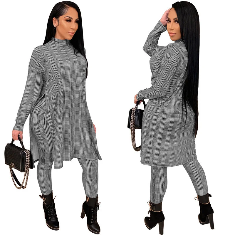 

Женские повседневные Костюмы для бега размера плюс, комплект из двух предметов, свободный клетчатый комбинированный подол и леггинсы, модн...