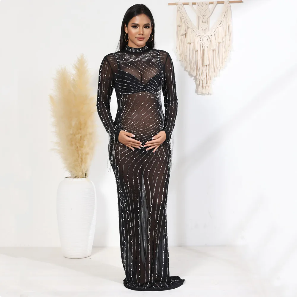 

Photo Pearl Crystals Maternity Photography Maxi Dresses Full Sleeve Stretchy Mesh Pregnant Woman Baby Shower Long Dress Shooting