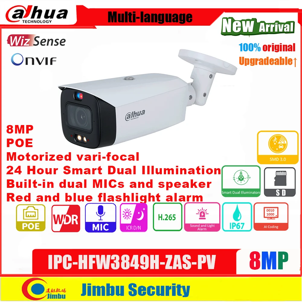 

Dahua 8MP 4K IP Camera IPC-HFW3849T1-ZAS-PV IR 50M WizSense Smart Dual Illumination Active Deterrent Vari-focal Bullet Camera