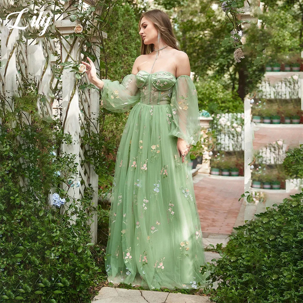 

Lily Off The Shoulder Formal Dresses Green Night Dresses Women's Evening Dresses Corset Floral Wedding Party Dress robe de bal