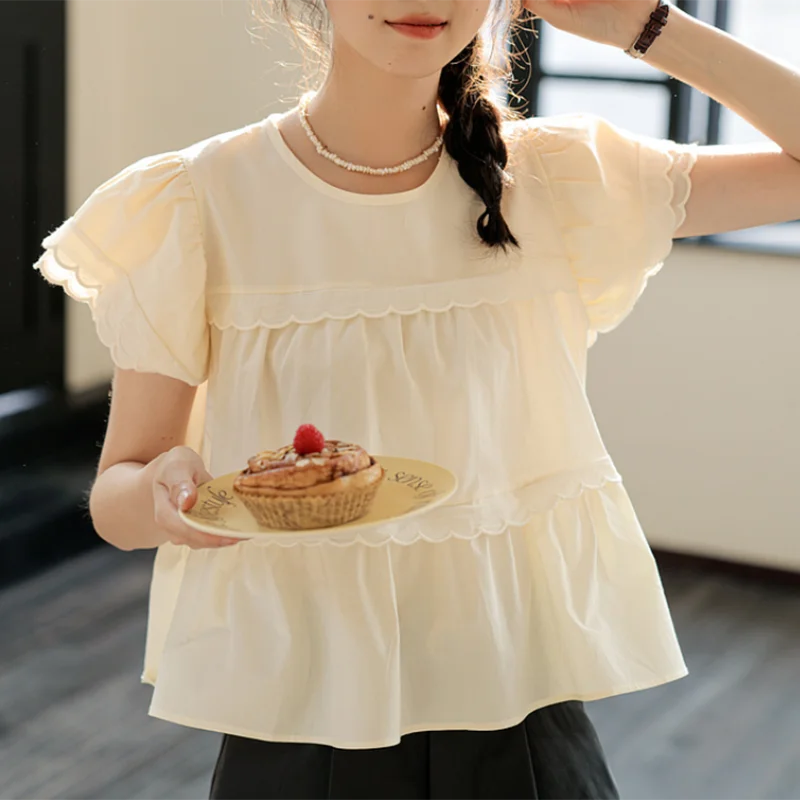 

Fashion Sweet Flying Sleeve Blouses Women 2023 Summer Spliced Lace Shirts White Cotton Lady Crop Tops Casual Korean Shirt 27032