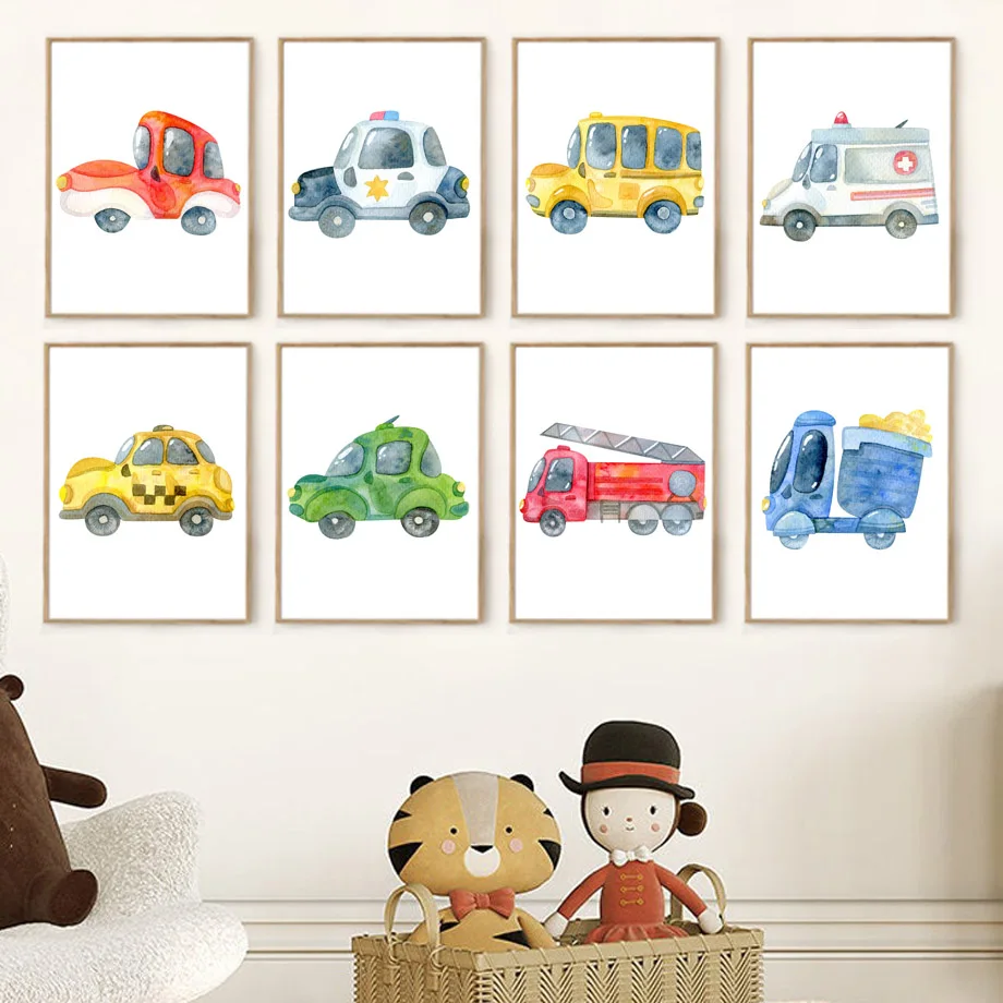 

Cartoon Toy Car Taxi School Bus Driver Club Nursery Wall Art Print Canvas Painting Nordic Poster Wall Picture Kids Room Decor
