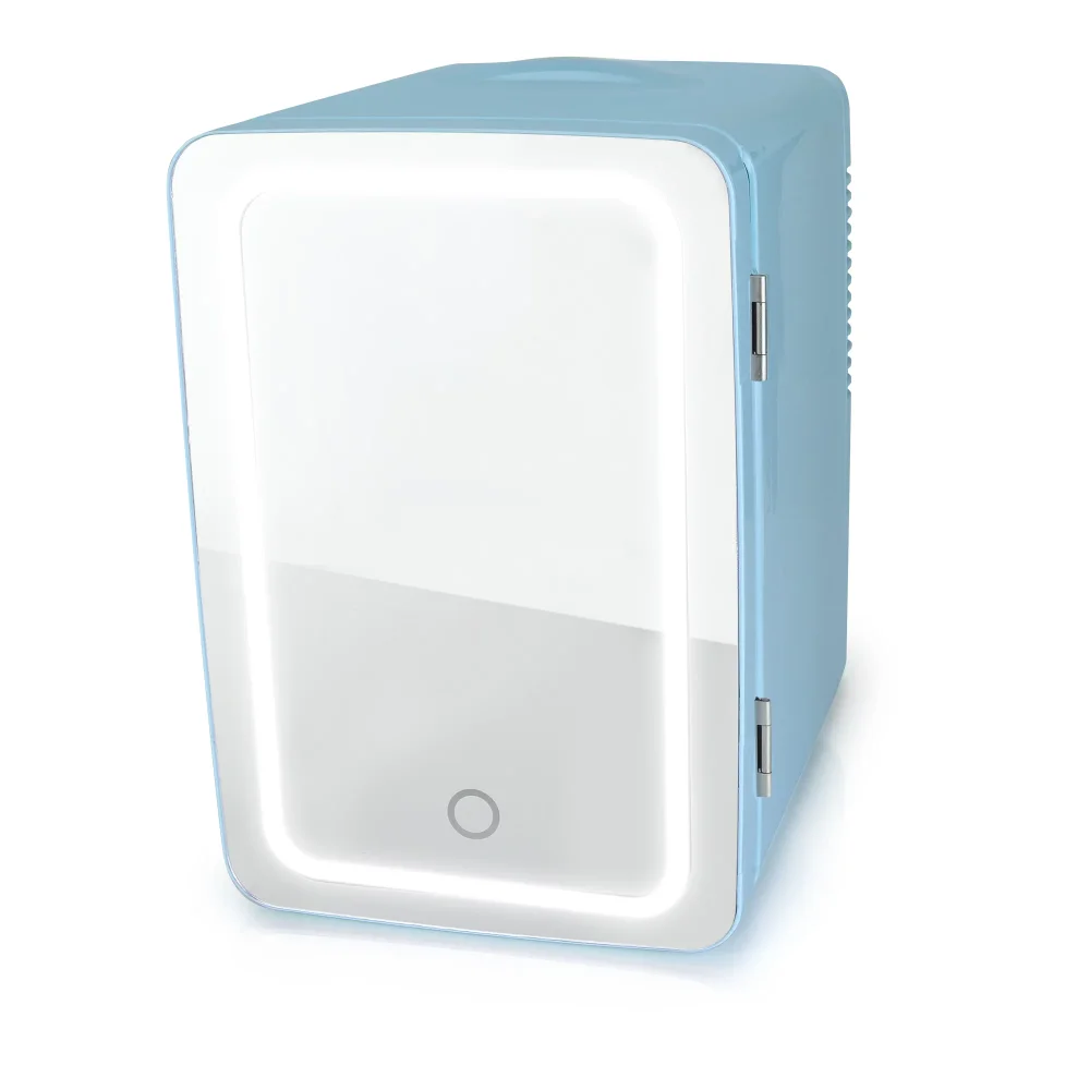 

Personal 6 Can Chiller LED Lighted Mini Fridge with Mirror Door, Blue