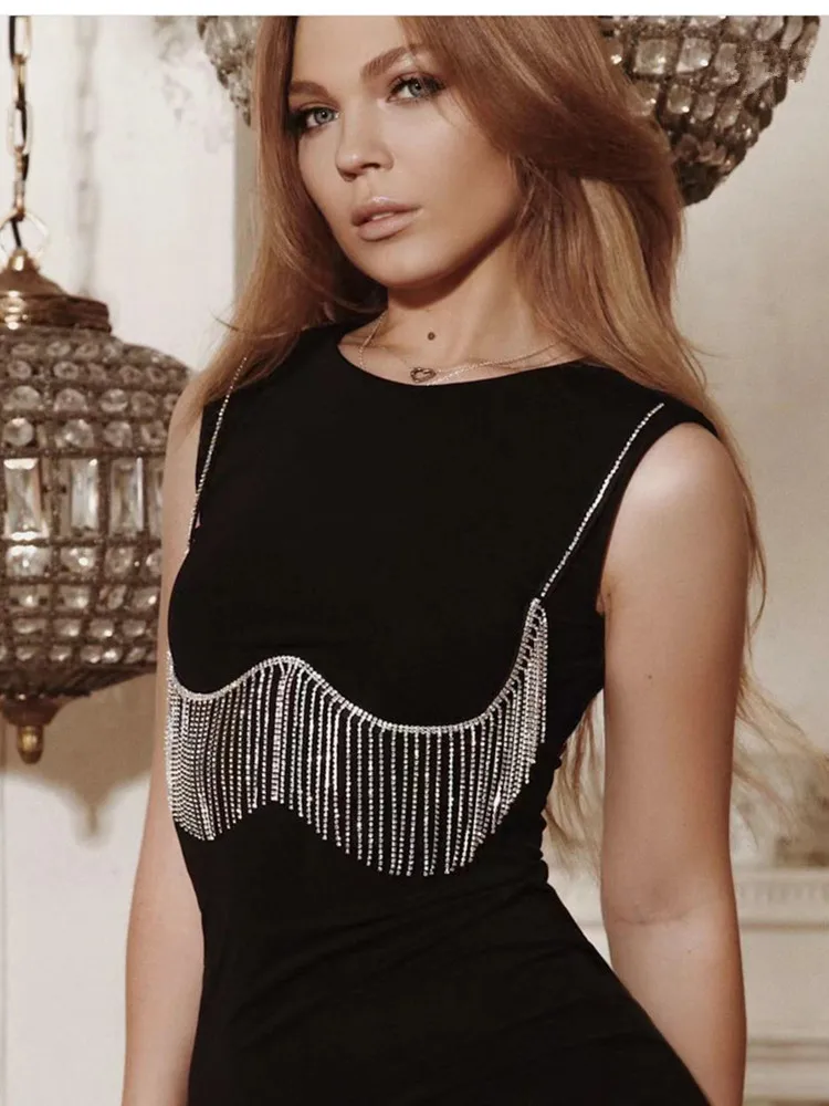 

New Women Sexy Black Bandage Dress 2022 High Street Designer Bodycon Evening Crystal Diamonds Tank Party Dress Vestido