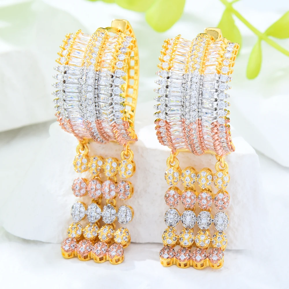 

GODKI Luxury 3 Tone Full Mirco Cubic Zircon Dubai Wedding Earrings in Jewelry Charms Elegant Tassel Hoop Earrings For Women